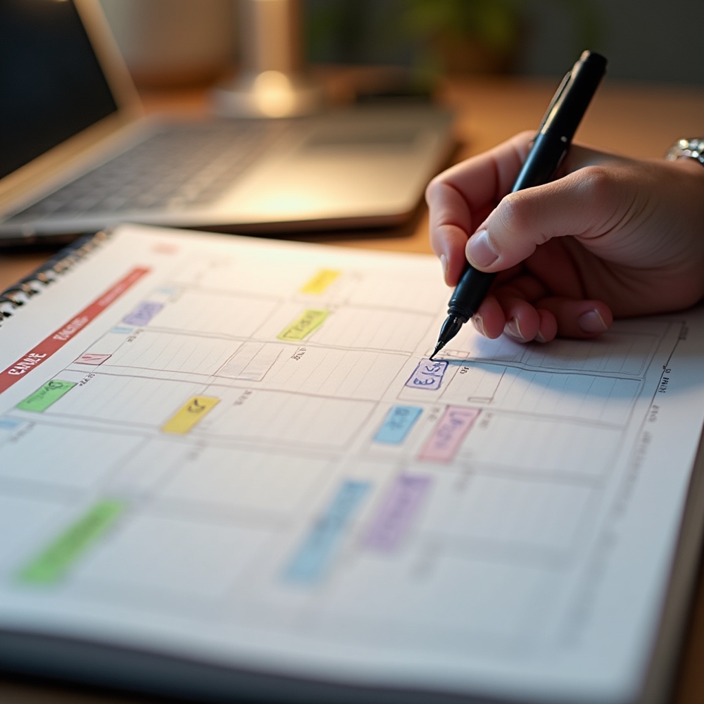 Calendar și planner pentru rutina zilnică a unui freelancer, organizat pe blocuri de timp